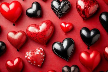 Fototapeta premium A detailed close-up of vibrant red and black hearts, symbolizing love and romance, ideal for Valentine's Day celebrations and decorations.