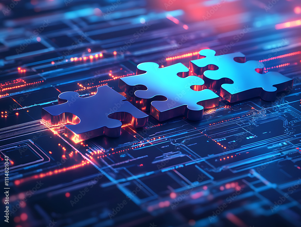 Poster digital representation of api integration concept with interlocking puzzle pieces against a futurist