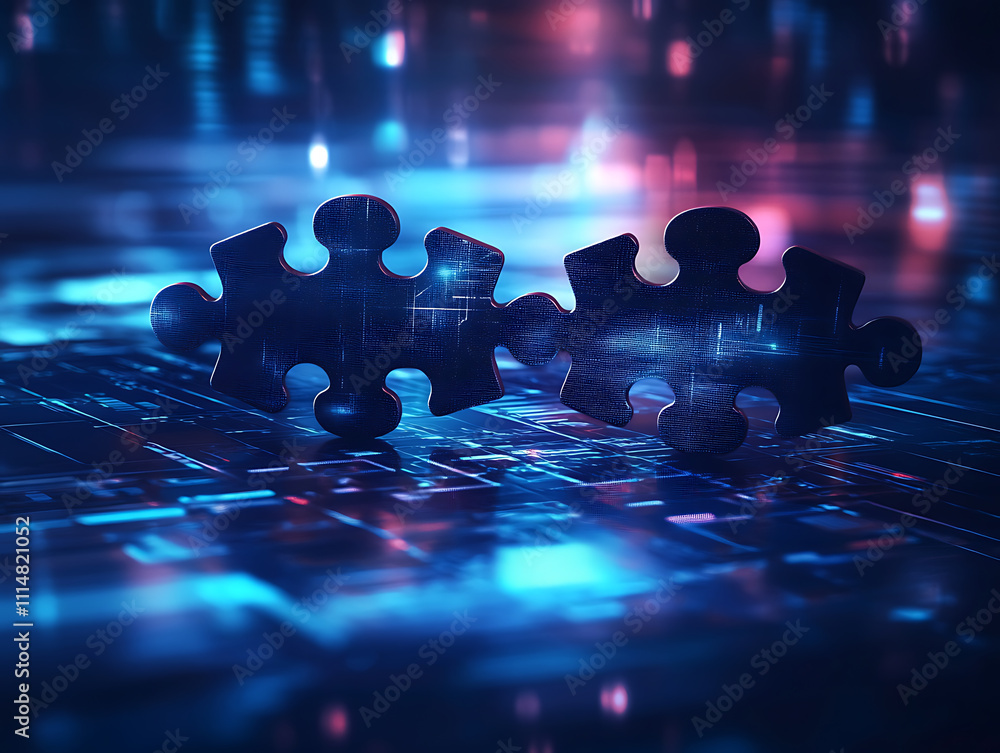 Poster Digital representation of api integration concept with interlocking puzzle pieces against a futuristic tech-inspired abstract background, symbolizing connectivity and interoperability