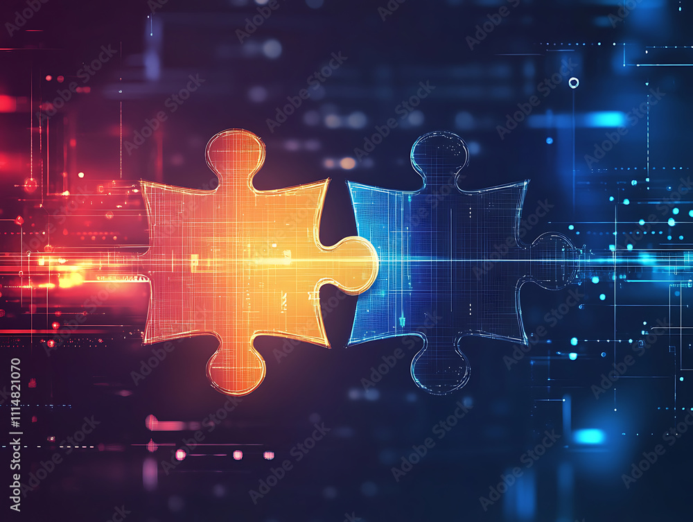 Poster Digital representation of api integration concept with interlocking puzzle pieces against a futuristic tech-inspired abstract background, symbolizing connectivity and interoperability