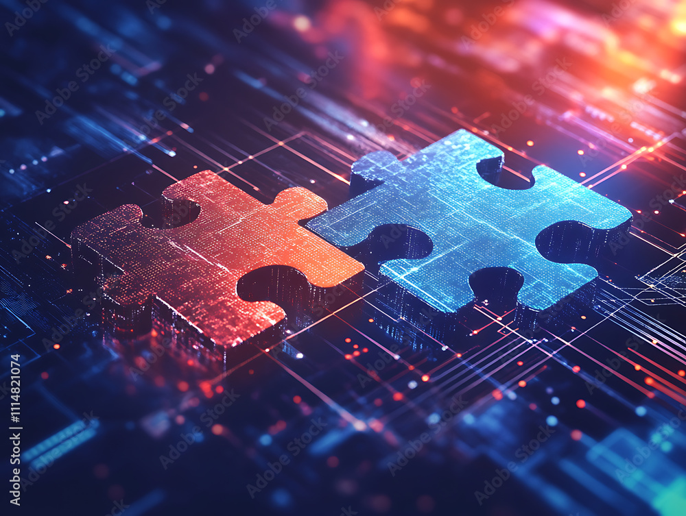 Poster Digital representation of api integration concept with interlocking puzzle pieces against a futuristic tech-inspired abstract background, symbolizing connectivity and interoperability