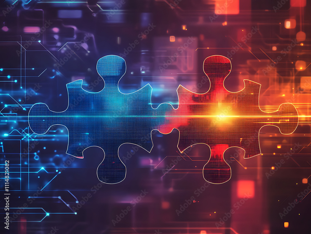 Aufkleber Digital representation of api integration concept with interlocking puzzle pieces against a futuristic tech-inspired abstract background, symbolizing connectivity and interoperability