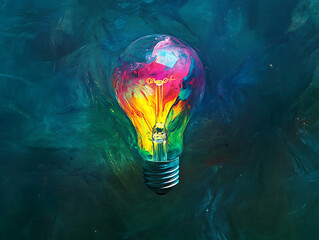 Eureka moment of creative inspiration concept with liquid paint merging into a colorful lightbulb on dark green background