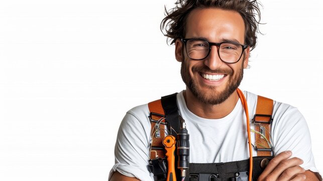 Professional electrician posing confidently with folded hands against a clean white background