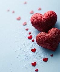 Obraz premium Two red hearts sit prominently on a blue surface, surrounded by a scattering of smaller red hearts, evoking a romantic Valentine's Day ambiance.