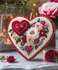 A romantic heart-shaped decoration adorned with flowers and a candle, perfect for celebrating love on Valentine's Day.