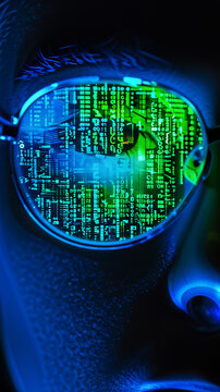 Binary Computer code on hacker programmer glasses Cyber Information Data Software Encryption Security Technology Dark lighting
