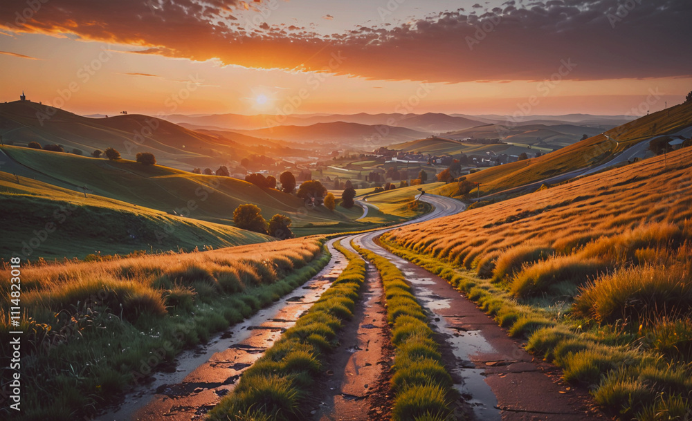 Aufkleber road with a sunset in the background. the road is wet and muddy. there are trees in the background