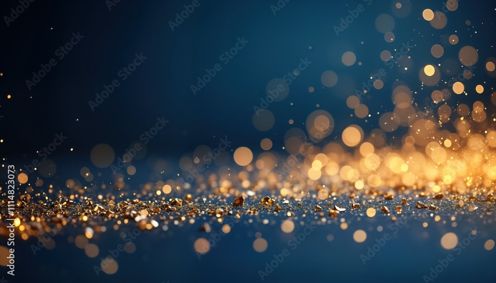 Poster dark blue background with golden light particles. abstract holiday backdrop with scattered gold glit