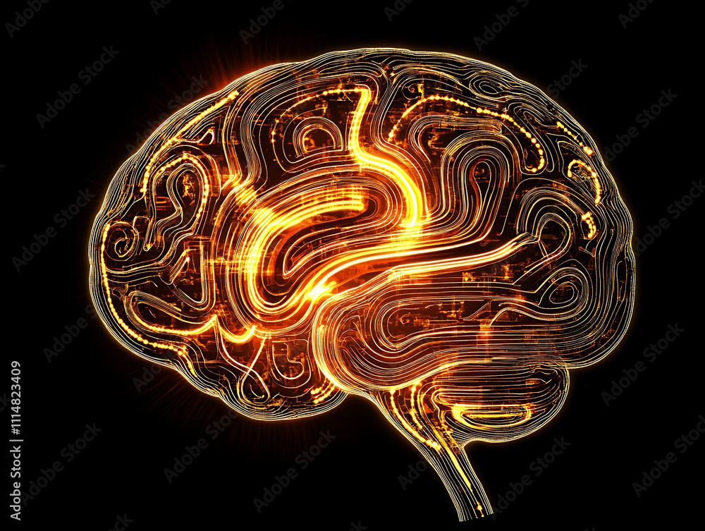 Poster Glowing brain with swirling patterns depicting machine intelligence and data processing, brainpower concept