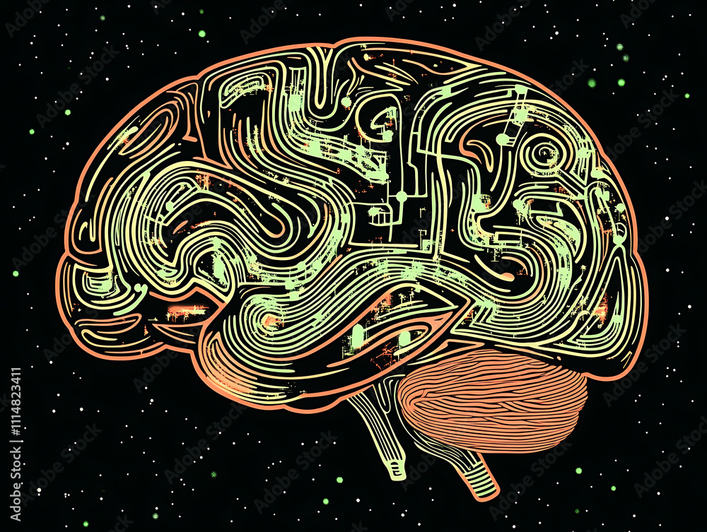 Poster Glowing brain with swirling patterns depicting machine intelligence and data processing, brainpower concept