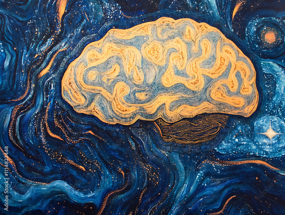Poster Glowing brain with swirling patterns depicting machine intelligence and data processing, brainpower concept