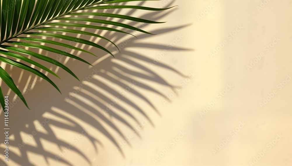 Poster tropical palm leaf casts shadow on light beige background. light, shadow create beautiful pattern. n