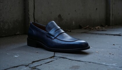  Single dark blue leather loafer with textured finish on a concrete background