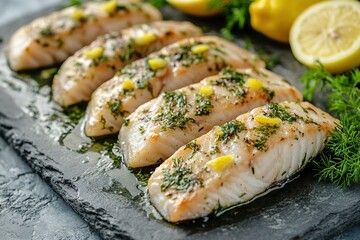 Herb-seasoned grilled chicken breasts with lemon.