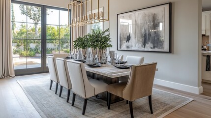 Obraz premium Modern farmhouse dining room with large windows, chandelier, and abstract art.