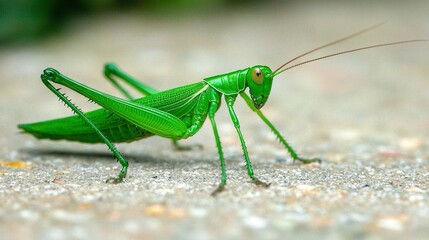 A green grasshopper atop the ground, its head angled towards a perceived threat