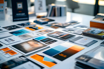 Printed product catalogs and marketing materials laid out on a conference table, Brand Identity, Building brand presence through tangible media