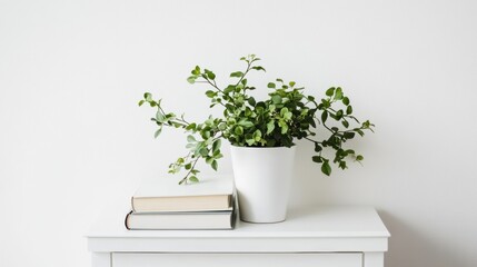 Potted Plant and Books on a White Cabinet Surface