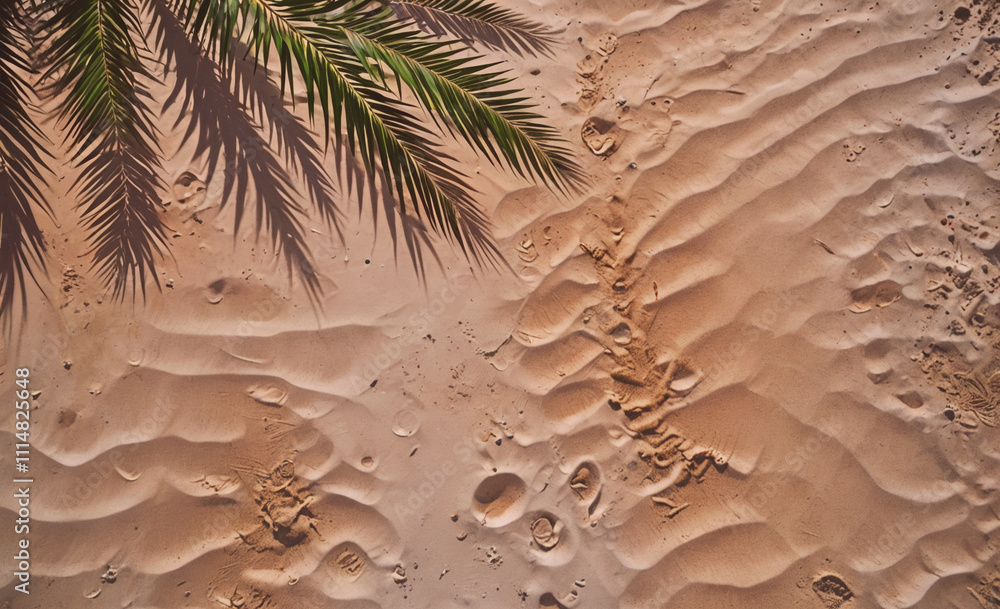Poster palm tree is in the sand with its leaves casting a shadow. the sand is brown and the palm tree is in