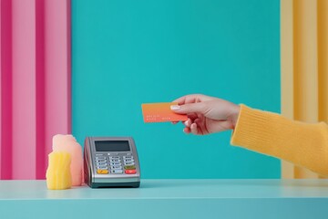 Payment process action retail store digital transaction colorful environment close-up viewpoint seamless payment concept