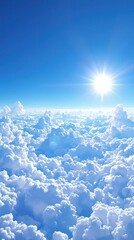 A beautiful vibrant blue sky with vibrant fluffy white clouds against the clear blue background and a bright sun shining down, vibrant blue sky, whimsical touch., happy sky, sunny day