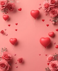 A romantic Valentine's Day backdrop featuring vibrant red roses and delicate hearts against a soft pink background, perfect for celebrating love.