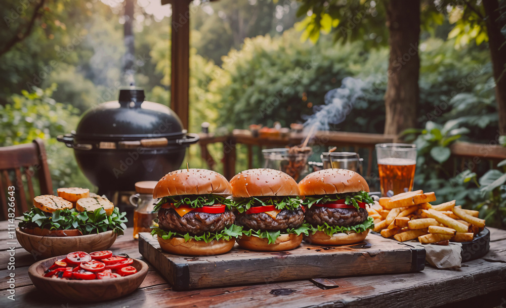 Poster three hamburgers are on a wooden table with a grill and a bowl of fries. there are also three glasse