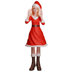 3D Illustration of santa girl. raise and waving her both hands. happy. Celebration. Cartoon style. christmas festival