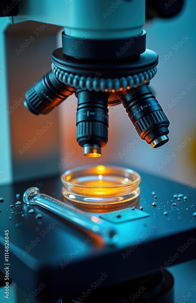 Poster Advanced lab tech close-up. Microscope examines vibrant liquid droplets in sample. Precision measurement of lab substrate. Research, development in progress. Modern equipment analysis. High tech