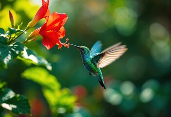 Naklejka premium Hummingbird feeding on a vibrant red hibiscus flower in a lush tropical garden, showcasing its iridescent green feathers and delicate wings in a tranquil nature setting 