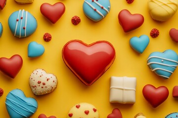 Fototapeta premium A heart-shaped box filled with colorful treats, perfect for celebrating love and affection on Valentine's Day.