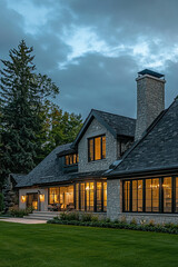 Obraz premium A large, modern home with a stone exterior and shingle roof in the Midwestern style. The house has multiple glass windows that glow from within as dusk falls over the green grass lawn.