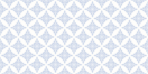 Fototapeta premium Delicate floral ornament. Simple elegant seamless pattern with abstract flower silhouettes, foliage, repeat tiles. Luxury white and blue vector background in damask, oriental style. Exquisite design