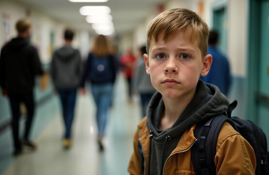 Sad young boy stands in school hallway. Looks serious, alone. Students walk by out of focus. Photo captures child struggling with bullying at school. Child appears distressed, lonely in school - Powered by Adobe