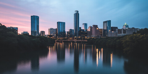 Obraz premium A vibrant city skyline at dusk, with skyscrapers lighting up, reflections shimmering in a calm river, and the bustle of city life transitioning to evening. The dynamic and urban atmosphere feels