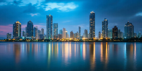 Fototapeta premium A vibrant city skyline at dusk, with skyscrapers lighting up, reflections shimmering in a calm river, and the bustle of city life transitioning to evening. The dynamic and urban atmosphere feels