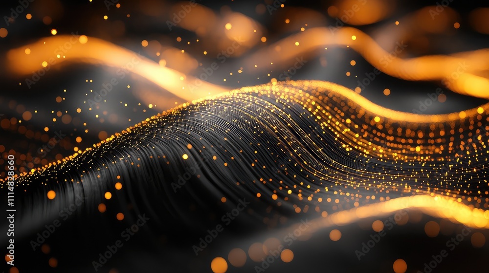 Poster image of abstract digital waveform with glowing orange particles on a black background