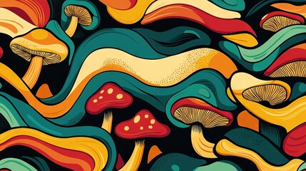Obraz premium A collection of variously hued mushrooms against a dark backdrop, featuring a central yellow and red band
