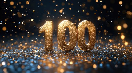 Image of a Shiny Gold "100" Followers with Glittering Golden Number Surrounded by Sparkling Stars and Confetti on Dark Blue Background