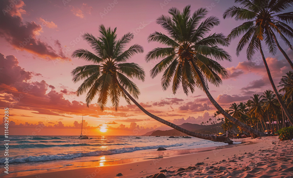 Aufkleber beach with palm trees and a sunset in the background. the sun is setting and the sky is orange