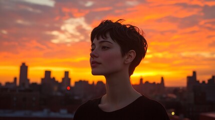 Fototapeta premium beautiful woman with short hair on a sunset with a view of the city