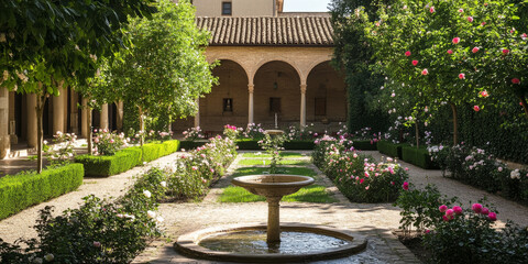 A serene garden in a quiet monastery, with blooming roses, a trickling fountain, and the sound of distant bells. The peaceful and sacred setting feels meditative.