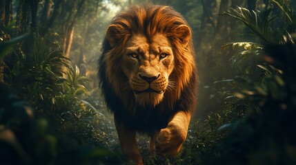 Majestic lion strolls through a lush jungle.