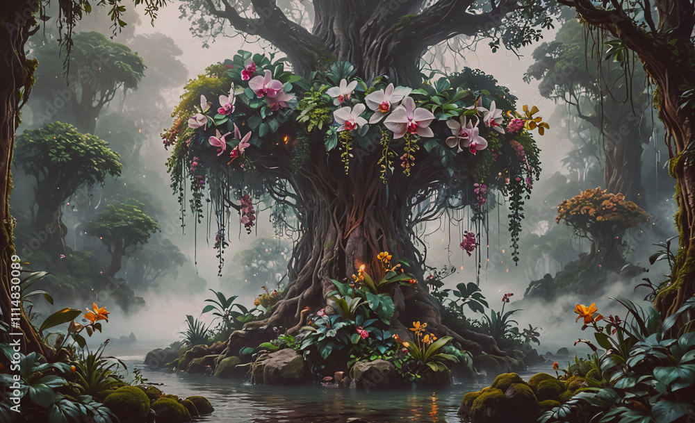 Aufkleber tree with pink flowers is surrounded by plants. the tree is in a forest