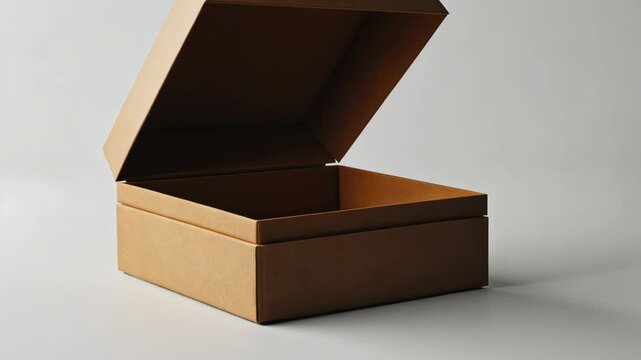 Brown cardboard box with lid open, showcasing empty interior, placed on a light surface, emphasizing simplicity and functionality