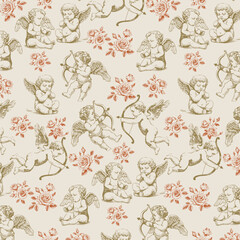Seamless Pattern with cupids. Happy Valentine's day. Vintage engraving style