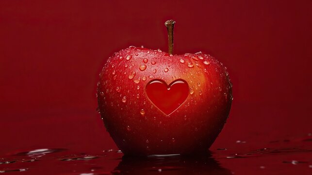 Red apple with heart-shaped cutout and water droplets against deep red background celebrating valentine's day concept - Powered by Adobe