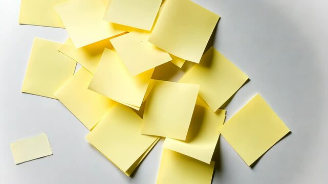Yellow sticky notes scattered on a white surface for brainstorming or reminders