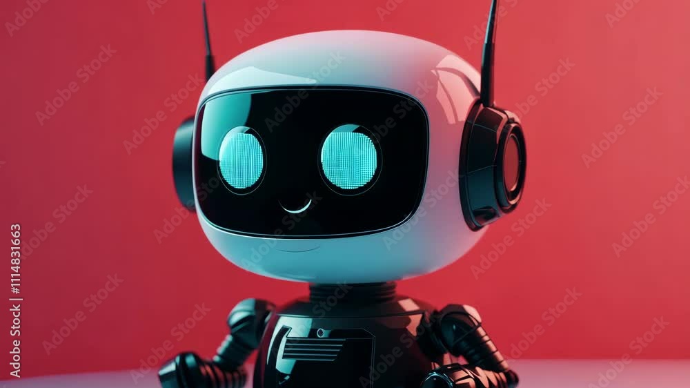 Poster cute robot character with a friendly expression and vibrant background in a modern setting